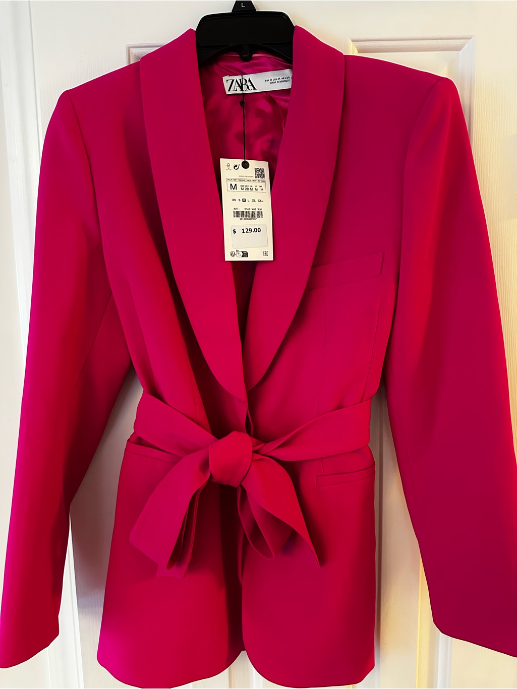 Zara Fuchsia Shawl Collar Tie-Waist Blazer
